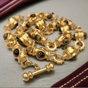 Matte Gold Byzantine Revival Tigers Eye Cabochon Toggle Necklace